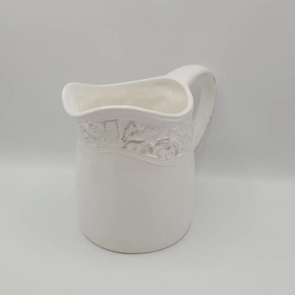 Pfaltzgraff Country Cupboard 7in Vintage Pitcher Vase Ivory Embossed Floral Band